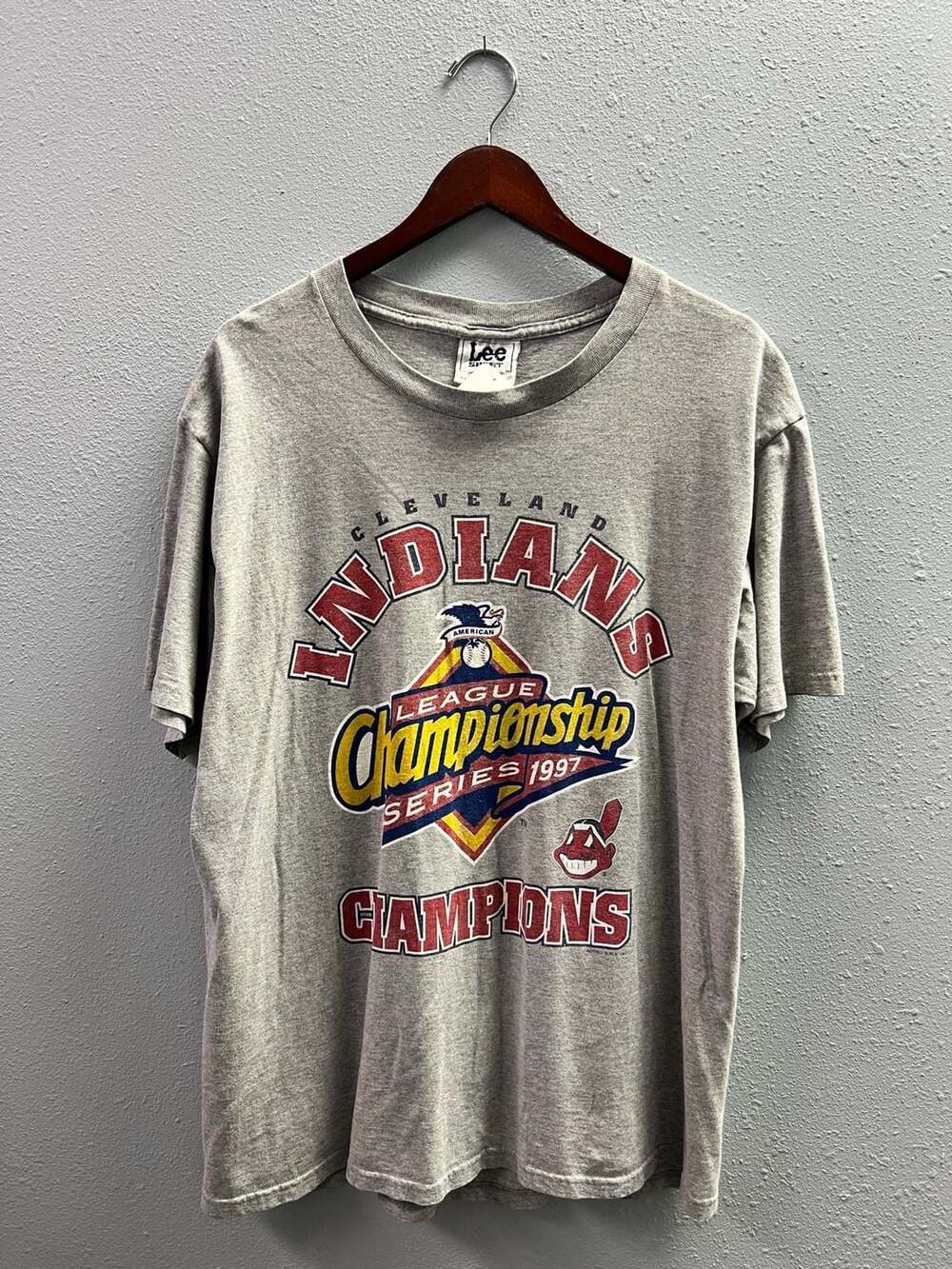 Vintage 1997 Cleveland Indians ALCS Champions T Shirt Lee Sport Gray Large 0030